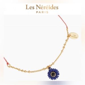 LES NEREIDES “Royal Blue Flower” Enamel, Gold-Plate & Silk ADJUSTABLE BRACELET!